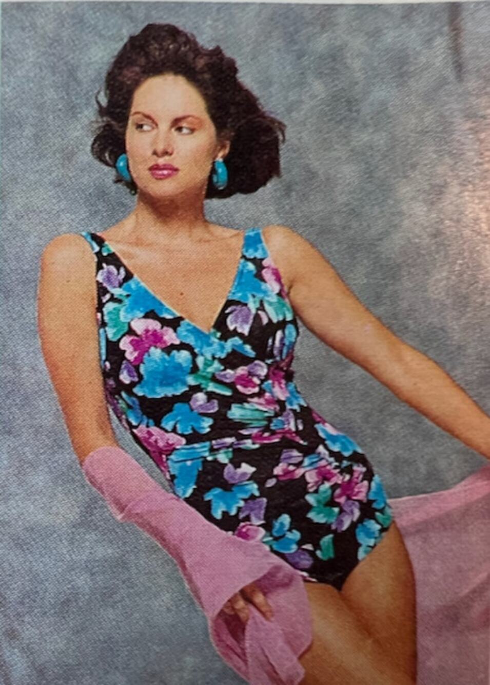 one piece swimsuit floral V neck 1980s pink teal